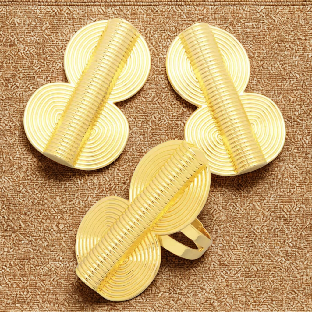 18K gold-plated copper statement earrings and ring set with spiral design, bold ethnic-inspired luxury jewelry for women