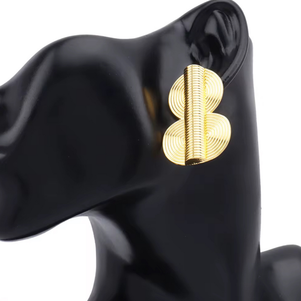 18K gold-plated copper statement earrings and ring set with spiral design, bold ethnic-inspired luxury jewelry for women