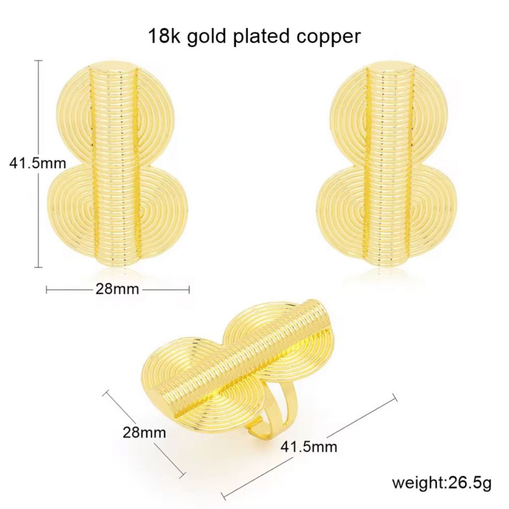 Gold-plated copper earrings with measurements and weight details on a white background